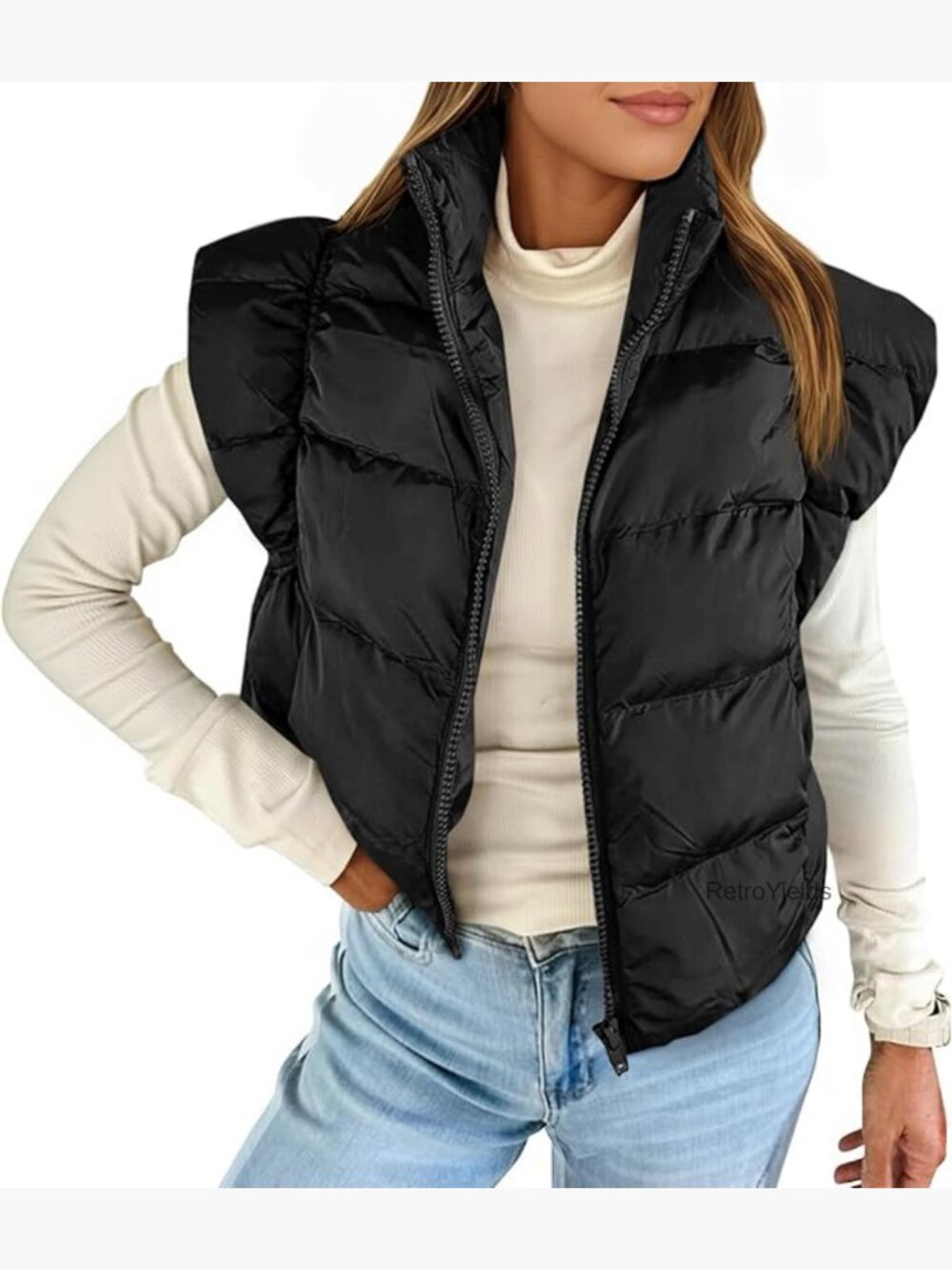Cropped Puffer Vest Cap Sleeve Zip Up Quilted Jacket Stand Collar Padded Gilet